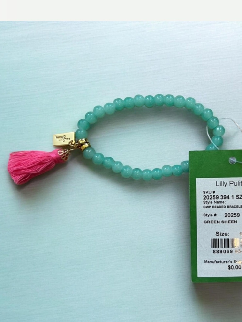 Lilly Pulitzer Green Sheen Beaded Bracelet with Hot Pink Tassel new with tags